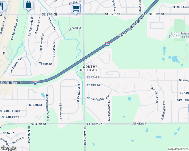 map of restaurants, bars, coffee shops, grocery stores, and more near 650 Southeast 42nd Street in Topeka