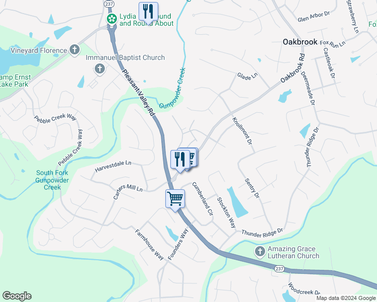 map of restaurants, bars, coffee shops, grocery stores, and more near 7410 Centrecrest Lane in Florence