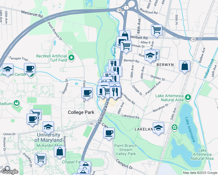map of restaurants, bars, coffee shops, grocery stores, and more near 8300 Baltimore Avenue in College Park