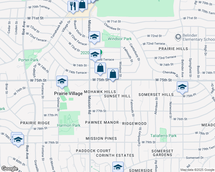 map of restaurants, bars, coffee shops, grocery stores, and more near 7518 Pawnee Street in Prairie Village