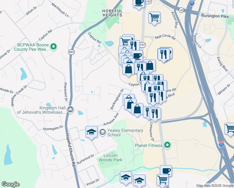 map of restaurants, bars, coffee shops, grocery stores, and more near 215 Buckingham Drive in Florence