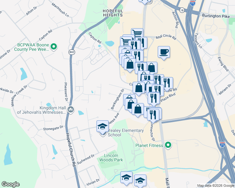 map of restaurants, bars, coffee shops, grocery stores, and more near 215 Buckingham Drive in Florence