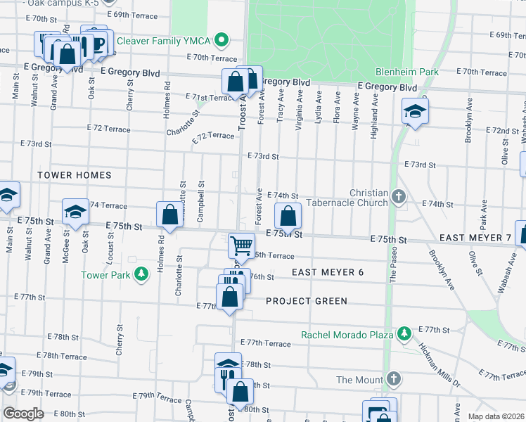map of restaurants, bars, coffee shops, grocery stores, and more near 7418 Tracy Avenue in Kansas City