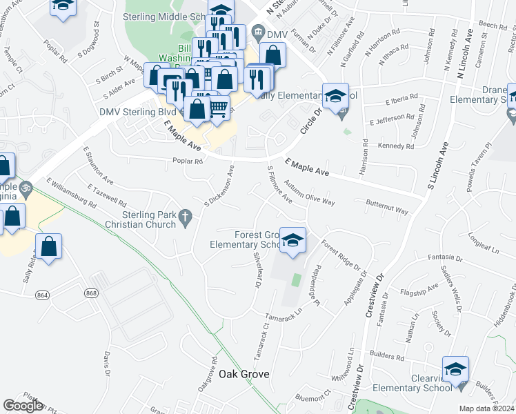 map of restaurants, bars, coffee shops, grocery stores, and more near 208 Silverleaf Drive in Sterling