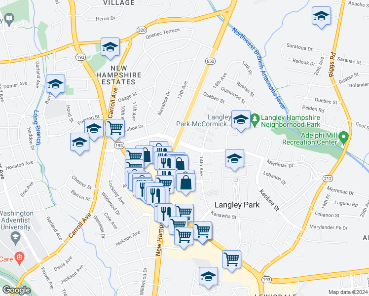 map of restaurants, bars, coffee shops, grocery stores, and more near 1303 Merrimac Drive in Hyattsville