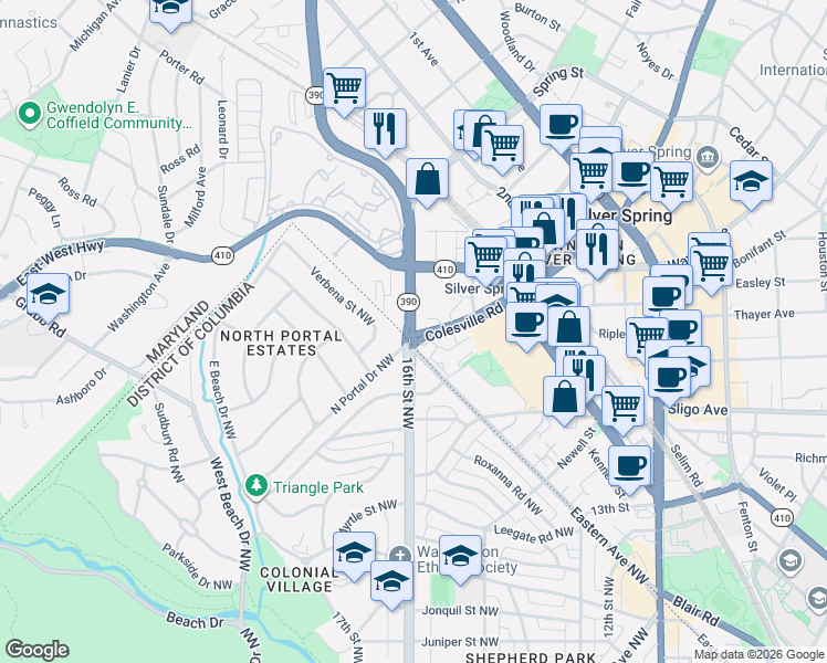 map of restaurants, bars, coffee shops, grocery stores, and more near 8305 16th Street in Silver Spring