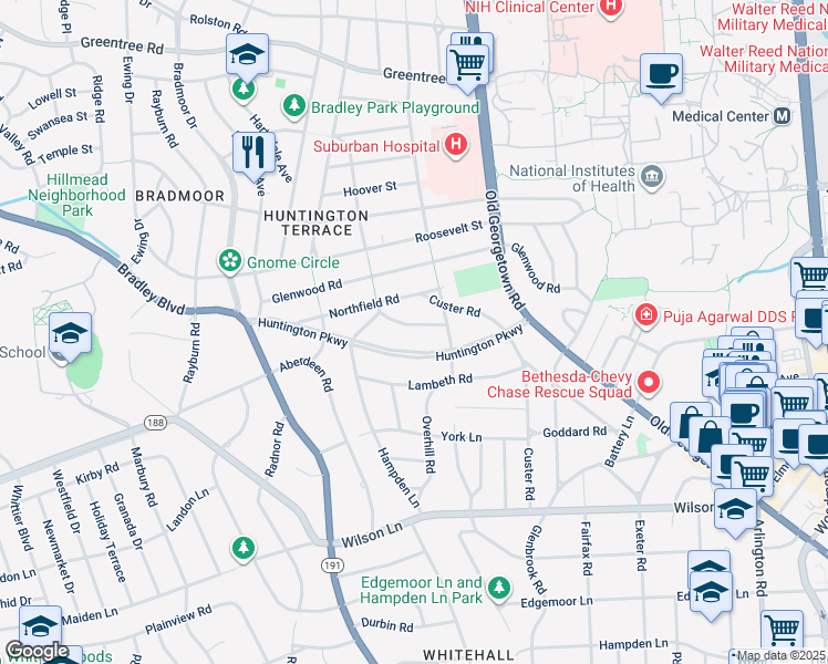 map of restaurants, bars, coffee shops, grocery stores, and more near 5510 Charlcote Road in Bethesda