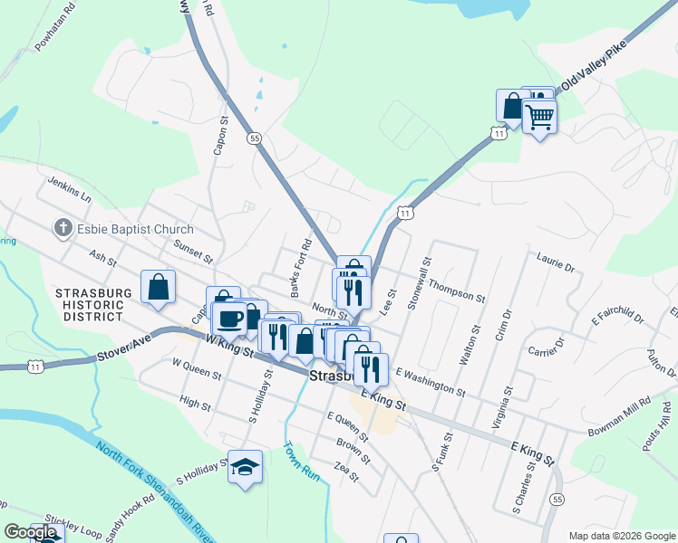 map of restaurants, bars, coffee shops, grocery stores, and more near 397 Mineral Street in Strasburg