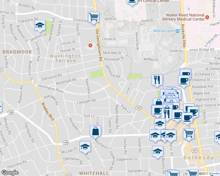 map of restaurants, bars, coffee shops, grocery stores, and more near 8212 Old Georgetown Road in Bethesda