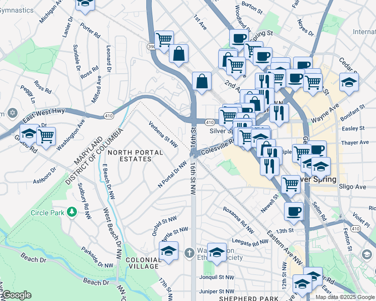 map of restaurants, bars, coffee shops, grocery stores, and more near 8204 16th Street Northwest in Washington