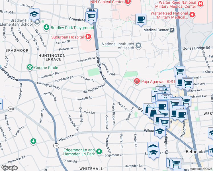 map of restaurants, bars, coffee shops, grocery stores, and more near 8212 Old Georgetown Road in Bethesda