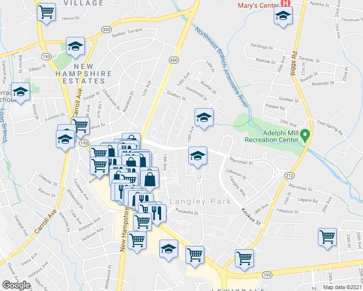 map of restaurants, bars, coffee shops, grocery stores, and more near 1408 Merrimac Drive in Hyattsville