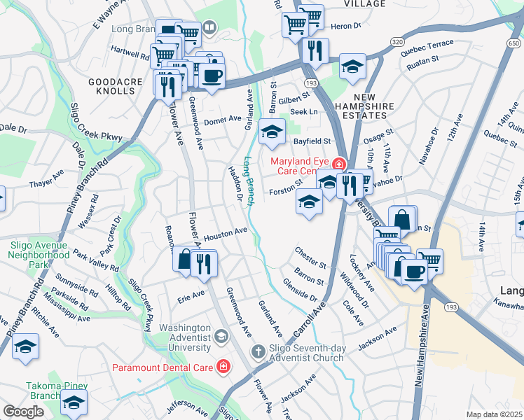 map of restaurants, bars, coffee shops, grocery stores, and more near 8306 Barron Street in Takoma Park