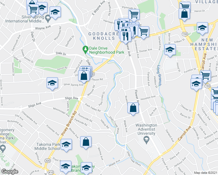 map of restaurants, bars, coffee shops, grocery stores, and more near 8113 Park Crest Drive in Silver Spring