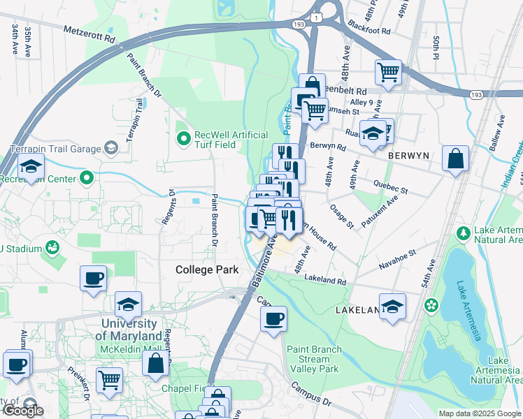 map of restaurants, bars, coffee shops, grocery stores, and more near 8204 Baltimore Avenue in College Park