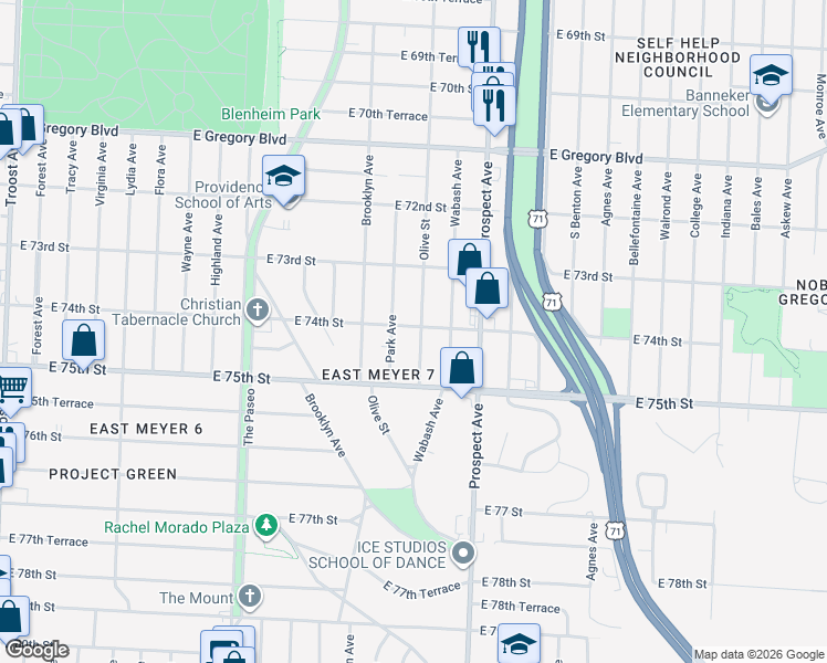 map of restaurants, bars, coffee shops, grocery stores, and more near 7400 Olive Street in Kansas City