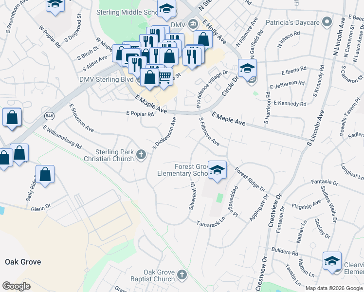map of restaurants, bars, coffee shops, grocery stores, and more near 909 East Roanoke Road in Sterling