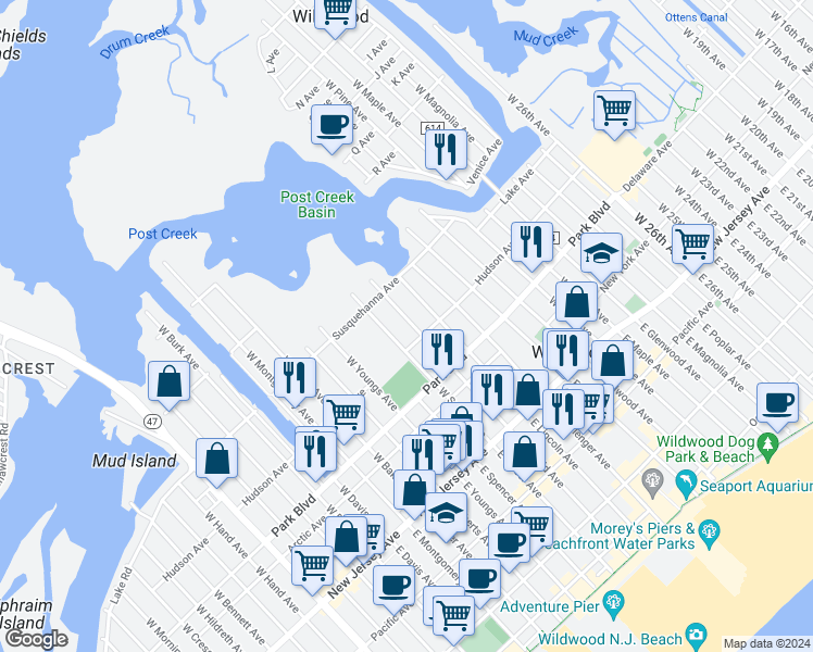 map of restaurants, bars, coffee shops, grocery stores, and more near 418 West Garfield Avenue in Wildwood