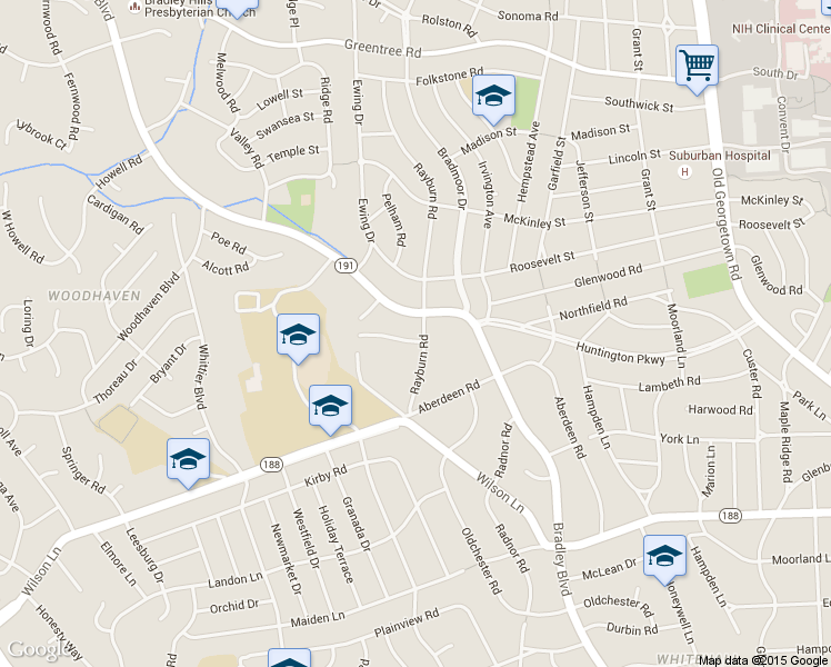 map of restaurants, bars, coffee shops, grocery stores, and more near 8200 Rayburn Road in Bethesda
