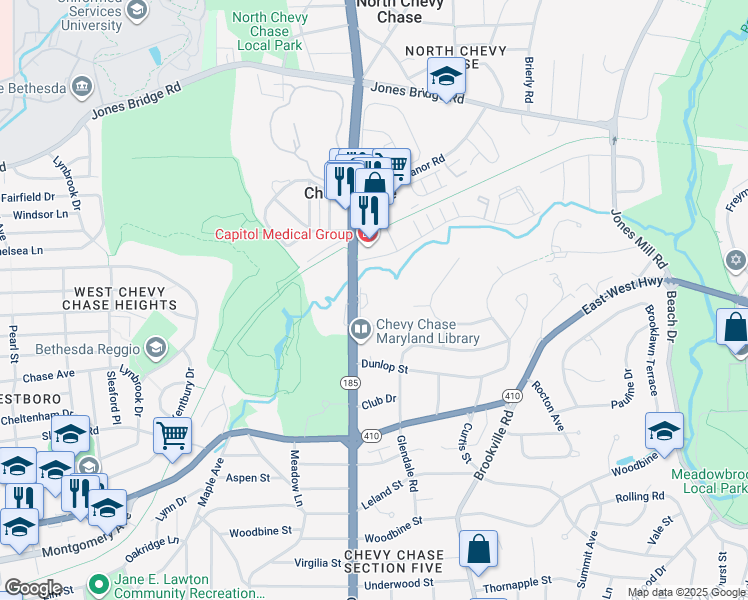 map of restaurants, bars, coffee shops, grocery stores, and more near 8101 Connecticut Avenue in Chevy Chase