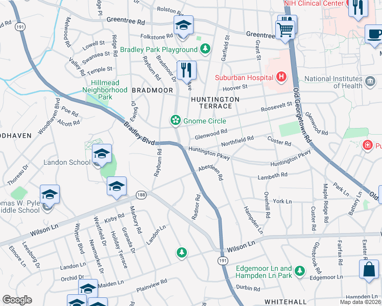 map of restaurants, bars, coffee shops, grocery stores, and more near 5915 Bradley Boulevard in Bethesda