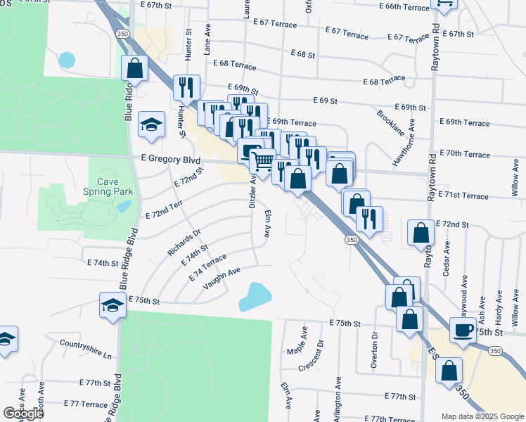 map of restaurants, bars, coffee shops, grocery stores, and more near 7304 Elm Avenue in Raytown