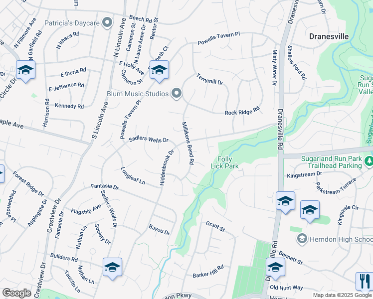 map of restaurants, bars, coffee shops, grocery stores, and more near 1512 Millikens Bend Road in Herndon
