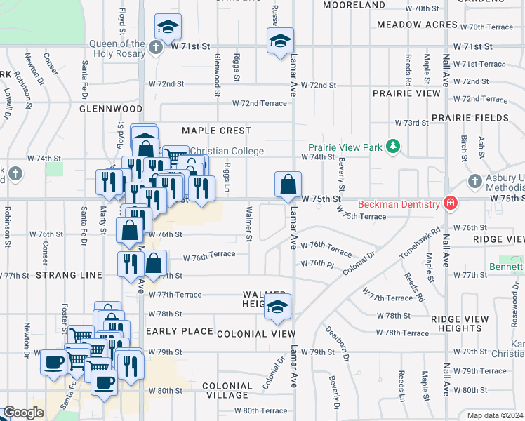 map of restaurants, bars, coffee shops, grocery stores, and more near 6317 West 75th Street in Overland Park