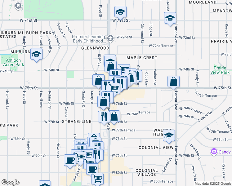 map of restaurants, bars, coffee shops, grocery stores, and more near 7525 Metcalf Avenue in Overland Park