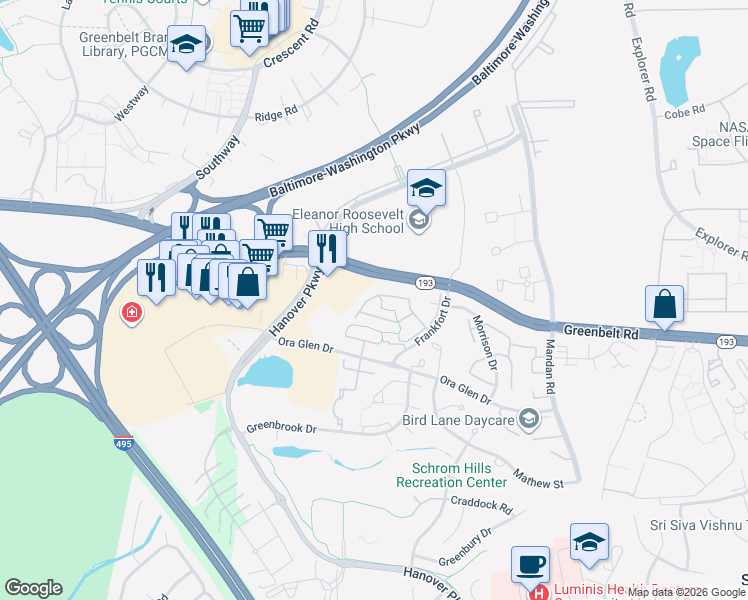 map of restaurants, bars, coffee shops, grocery stores, and more near 7809 Jacobs Drive in Greenbelt