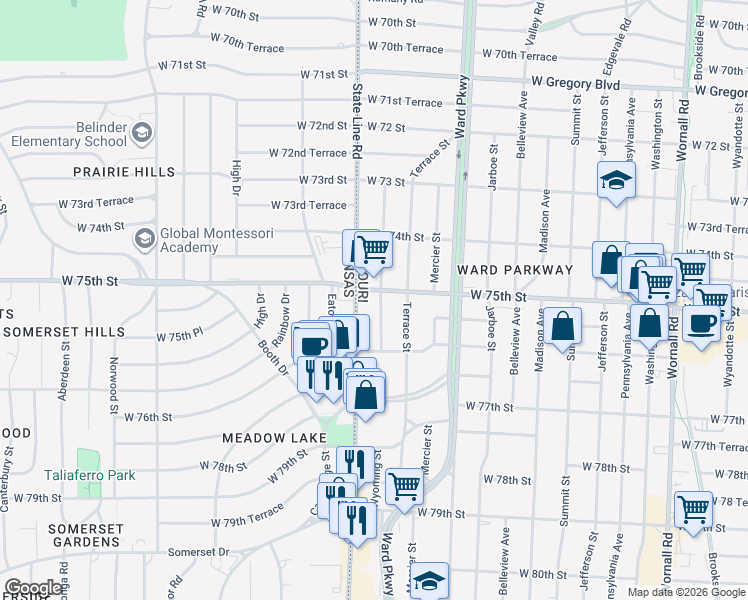 map of restaurants, bars, coffee shops, grocery stores, and more near 7517 Wyoming Street in Kansas City
