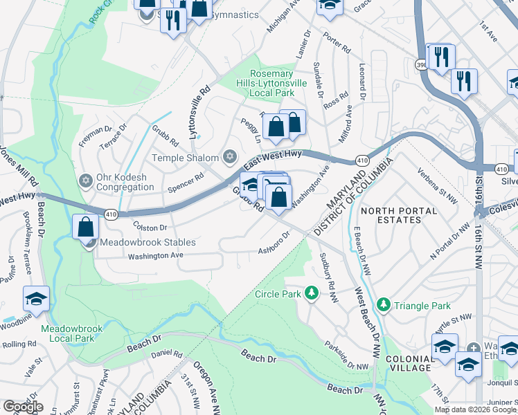 map of restaurants, bars, coffee shops, grocery stores, and more near 8325 Grubb Rd in Silver Spring