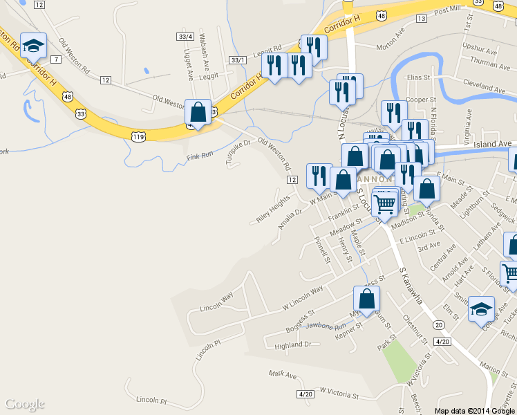 map of restaurants, bars, coffee shops, grocery stores, and more near 29 Cannon Ave in Buckhannon