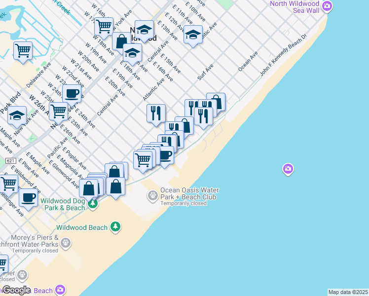 map of restaurants, bars, coffee shops, grocery stores, and more near 1900 Boardwalk in North Wildwood