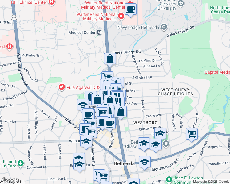 map of restaurants, bars, coffee shops, grocery stores, and more near Bethesda Avenue in Bethesda