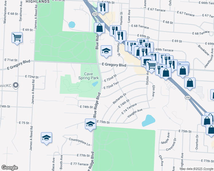 map of restaurants, bars, coffee shops, grocery stores, and more near 8808 East 72nd Terrace in Raytown