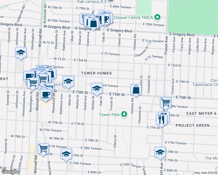 map of restaurants, bars, coffee shops, grocery stores, and more near 417 East 74 Terrace in Kansas City