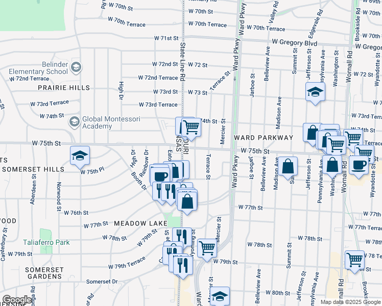 map of restaurants, bars, coffee shops, grocery stores, and more near 7517 Wyoming Street in Kansas City