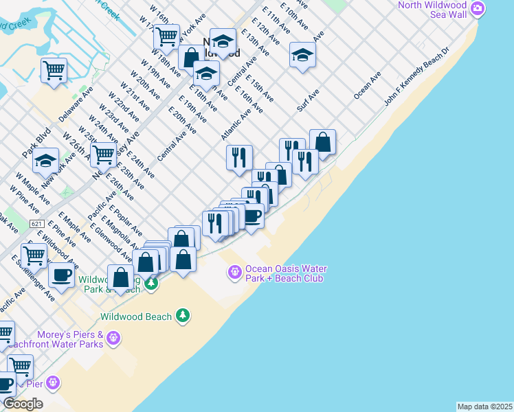 map of restaurants, bars, coffee shops, grocery stores, and more near 425 East 21st Avenue in North Wildwood