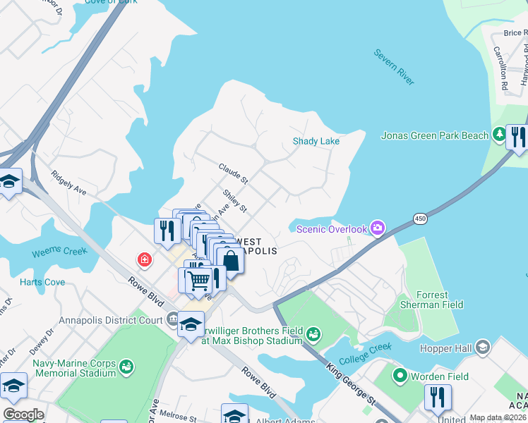 map of restaurants, bars, coffee shops, grocery stores, and more near 206 Giddings Avenue in Annapolis