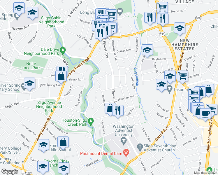 map of restaurants, bars, coffee shops, grocery stores, and more near 712 Hudson Avenue in Takoma Park