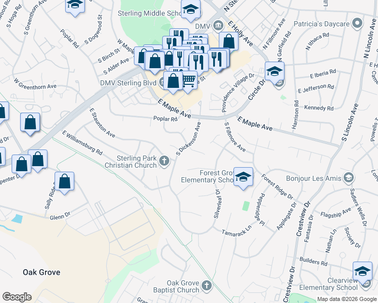 map of restaurants, bars, coffee shops, grocery stores, and more near 902 East Roanoke Road in Sterling