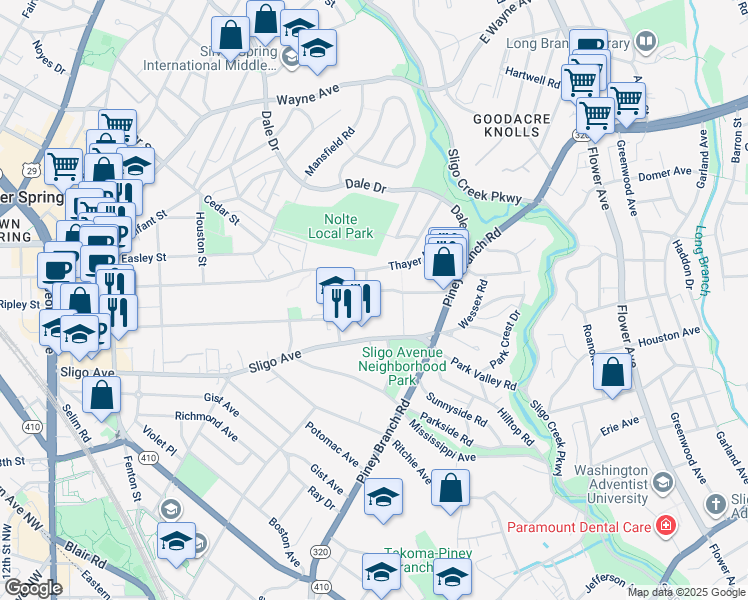 map of restaurants, bars, coffee shops, grocery stores, and more near 508 Silver Spring Avenue in Silver Spring
