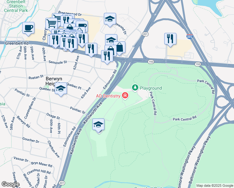 map of restaurants, bars, coffee shops, grocery stores, and more near 6216 Westchester Park Drive in College Park