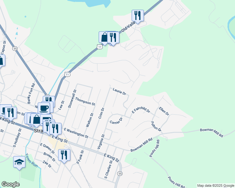 map of restaurants, bars, coffee shops, grocery stores, and more near 412 Rose Lane in Strasburg