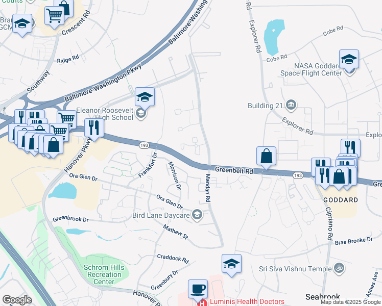 map of restaurants, bars, coffee shops, grocery stores, and more near 8125 Mandan Terrace in Greenbelt