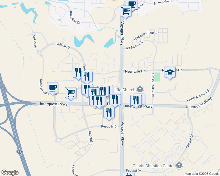 map of restaurants, bars, coffee shops, grocery stores, and more near 11105 Cypress Tree Point in Colorado Springs