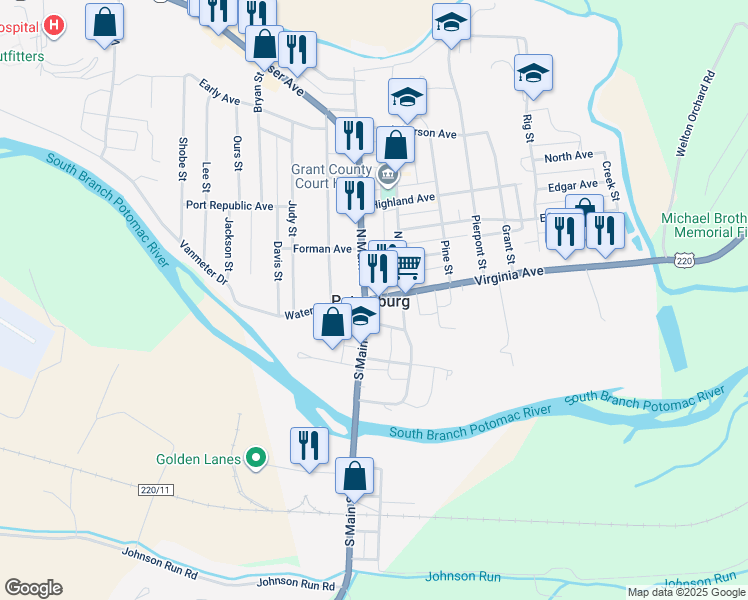 map of restaurants, bars, coffee shops, grocery stores, and more near U.S. 220 in Petersburg