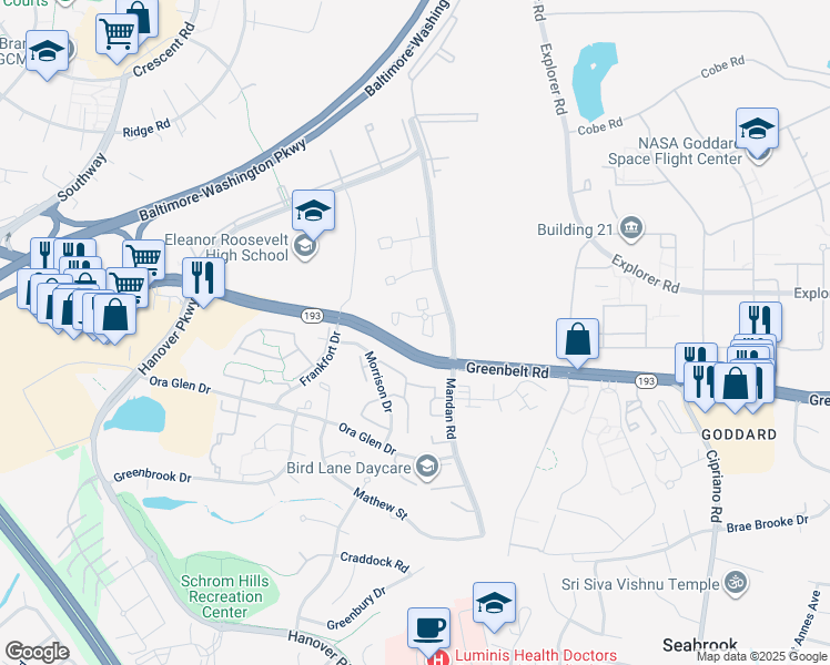 map of restaurants, bars, coffee shops, grocery stores, and more near 8125 Mandan Terrace in Greenbelt