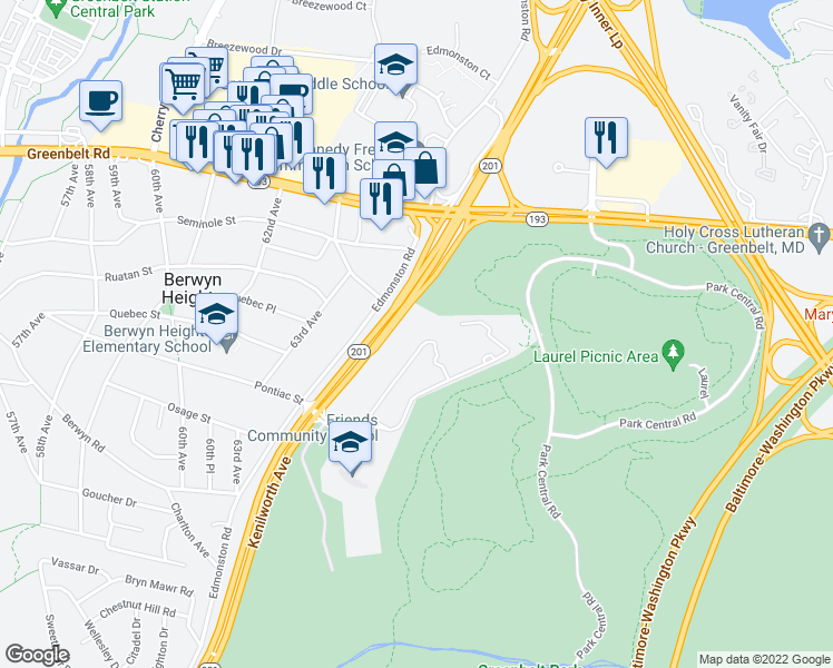 map of restaurants, bars, coffee shops, grocery stores, and more near 6216 Westchester Park Drive in College Park